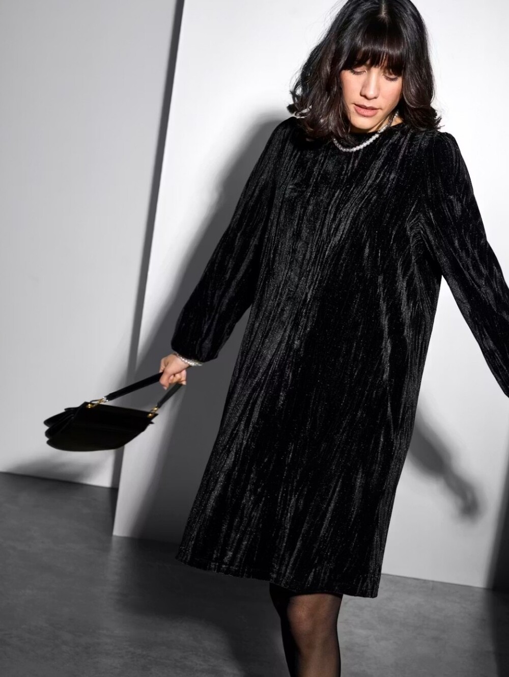 NWT Kaffe Curve Kaelva Black Velvet Velour Long-Sleeve Shift Dress